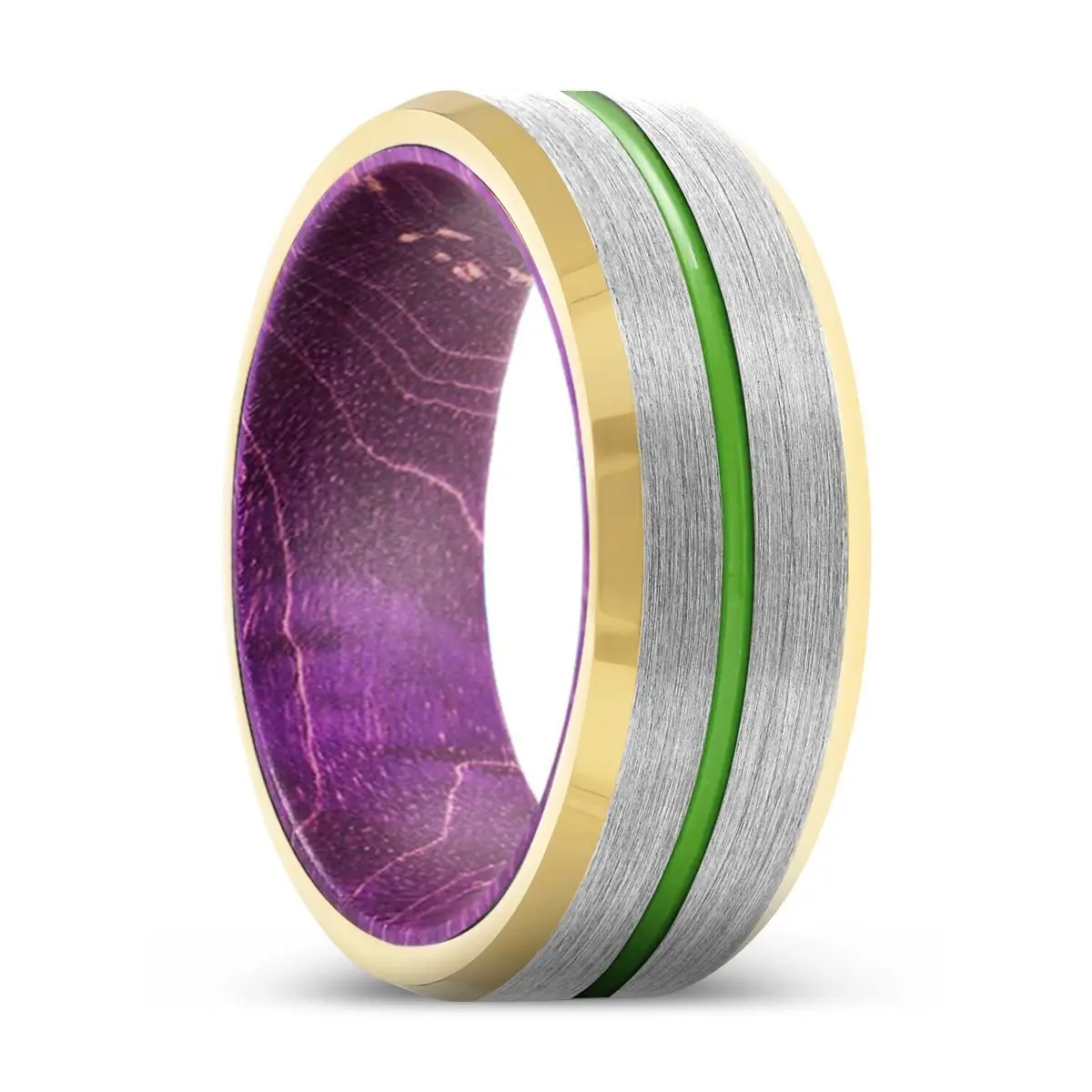 Tinge | Purple Wood, Silver Tungsten Ring, Green Groove, Gold Beveled Edge 1