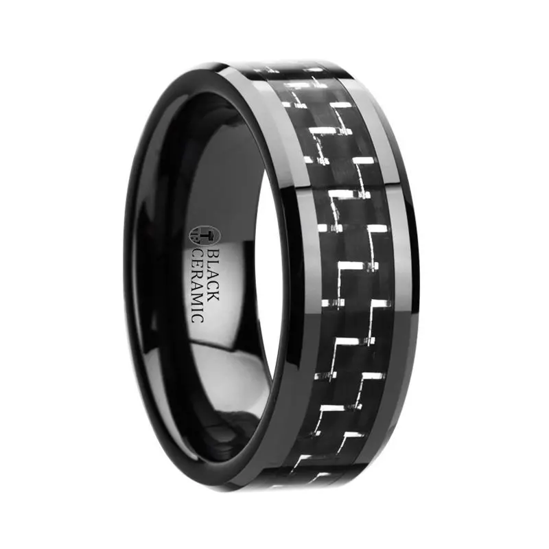 Titan | Black Ceramic Ring, Silver & Black Carbon Fiber Inlay, Beveled 1