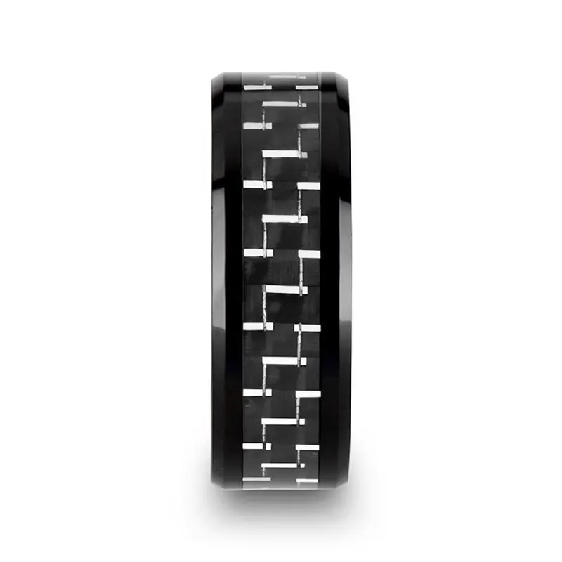 Titan | Black Ceramic Ring, Silver & Black Carbon Fiber Inlay, Beveled 2
