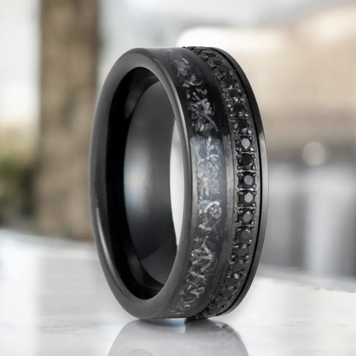 Titanoir | Black Tungsten Ring, Black Diamond Stimulated Cz, Titanium Shavings Inlay 1