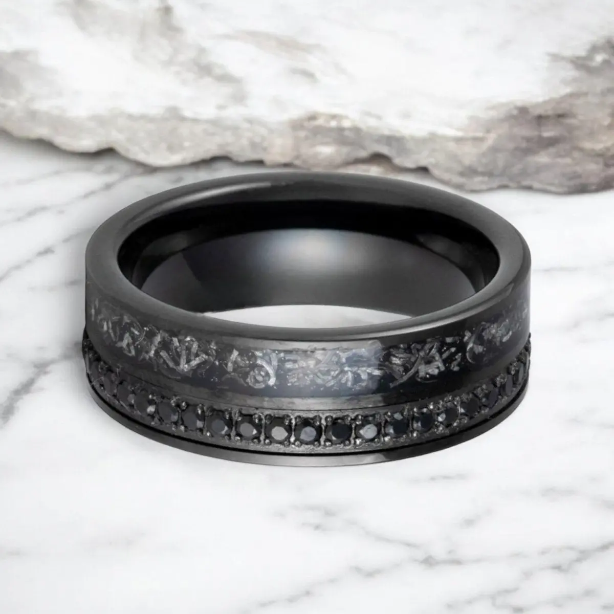 Titanoir | Black Tungsten Ring, Black Diamond Stimulated Cz, Titanium Shavings Inlay 3
