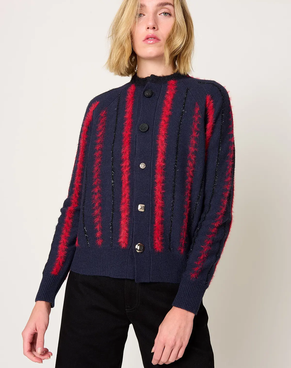 Stripe Knit Cardigan In Navy 1