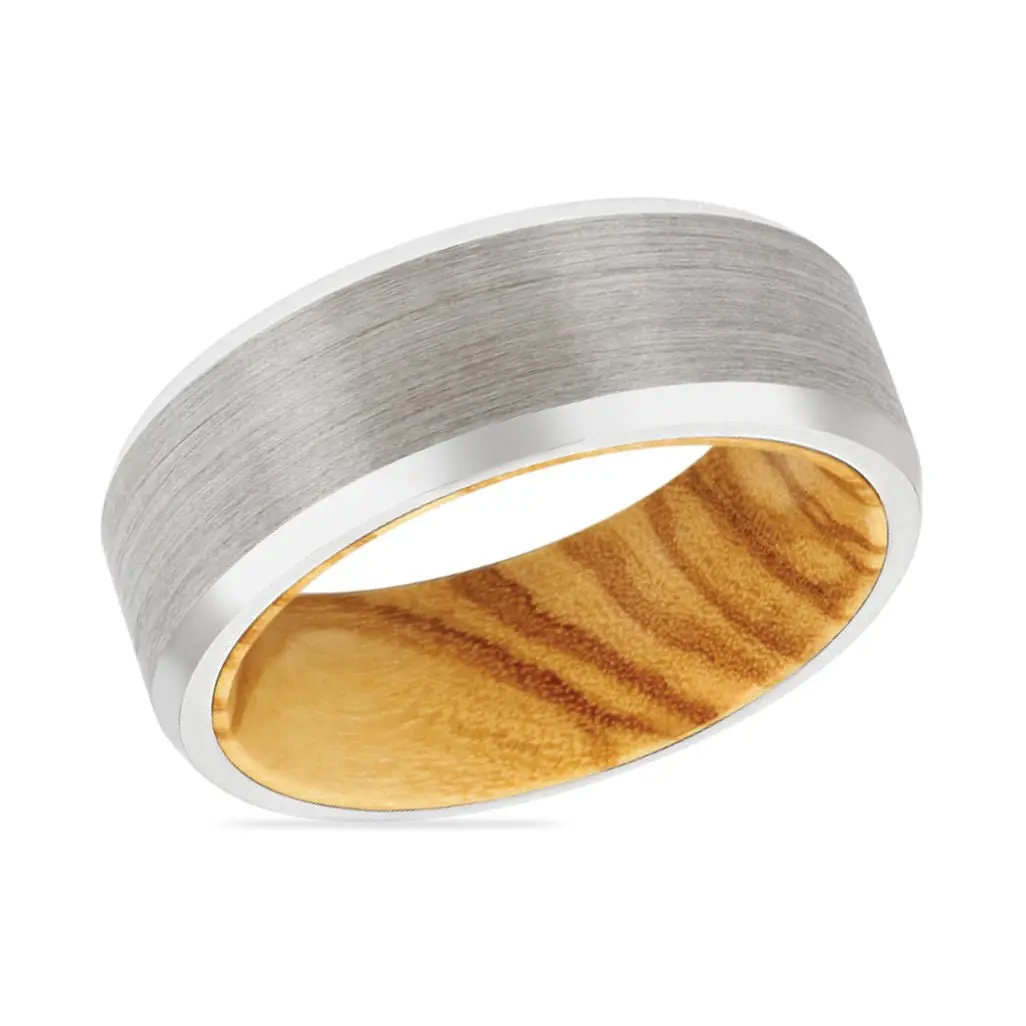 Tolden | Olive Wood, Silver Tungsten Ring, Brushed, Beveled 2