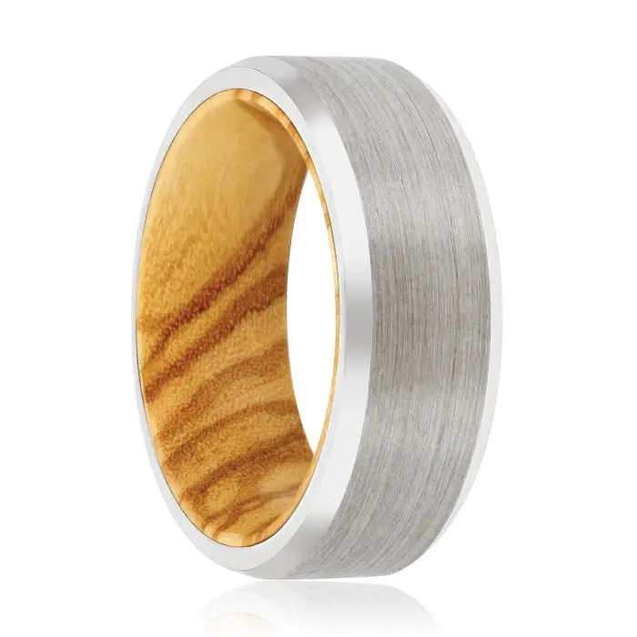 Tolden | Olive Wood, Silver Tungsten Ring, Brushed, Beveled 1