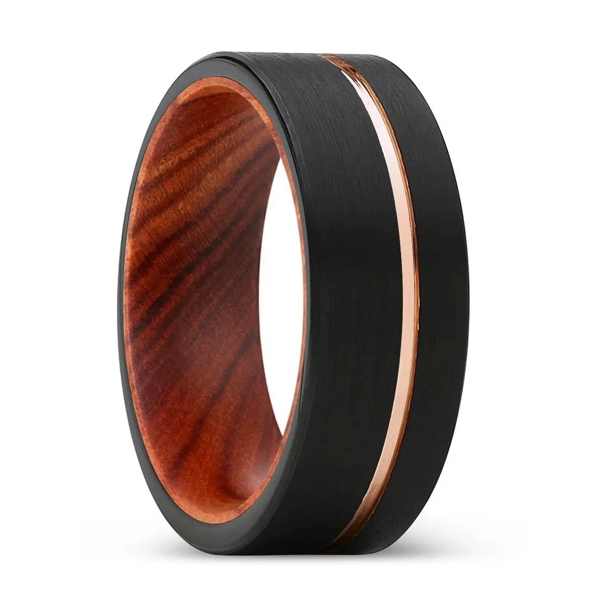 Torpedo | Iron Wood, Black Tungsten Ring, Rose Gold Offset Groove, Brushed, Flat 1