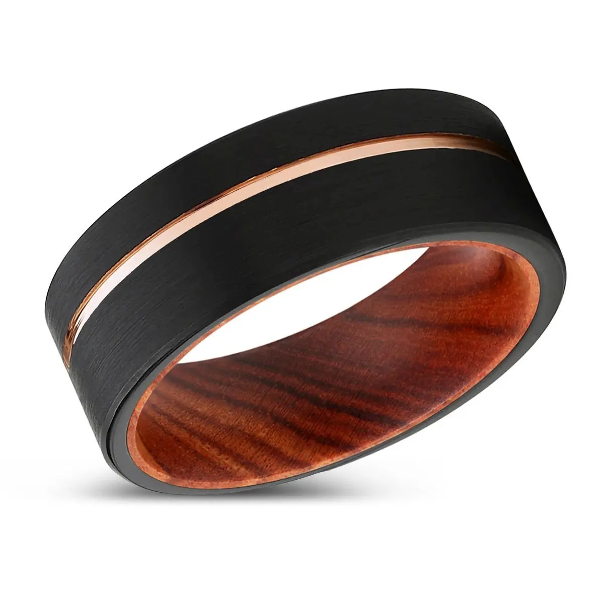 Torpedo | Iron Wood, Black Tungsten Ring, Rose Gold Offset Groove, Brushed, Flat 2