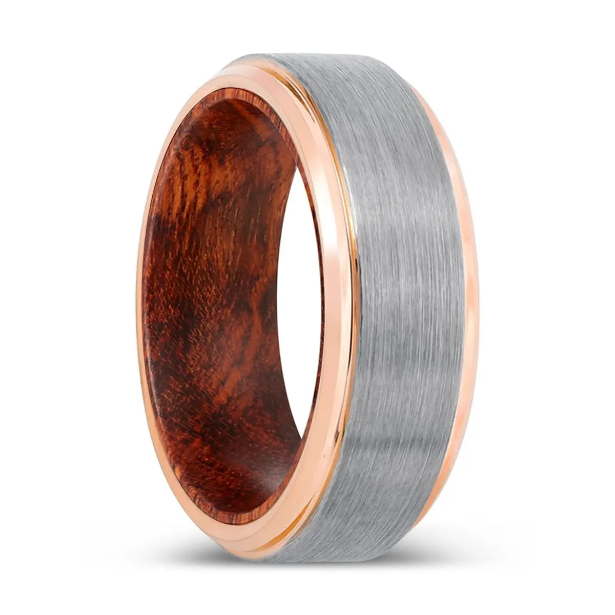Torren | Snake Wood, Silver Tungsten Ring, Brushed, Rose Gold Stepped Edge 1
