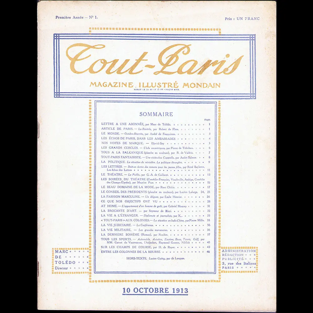 Tout-Paris, Magazine Illustré Mondain, N°1 (10 Octobre 1913) 1