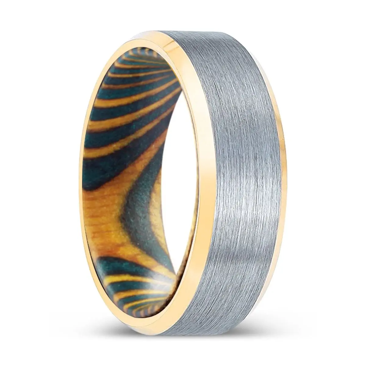 Treebeard | Green & Yellow Wood, Brushed, Silver Tungsten Ring, Gold Beveled Edges 1