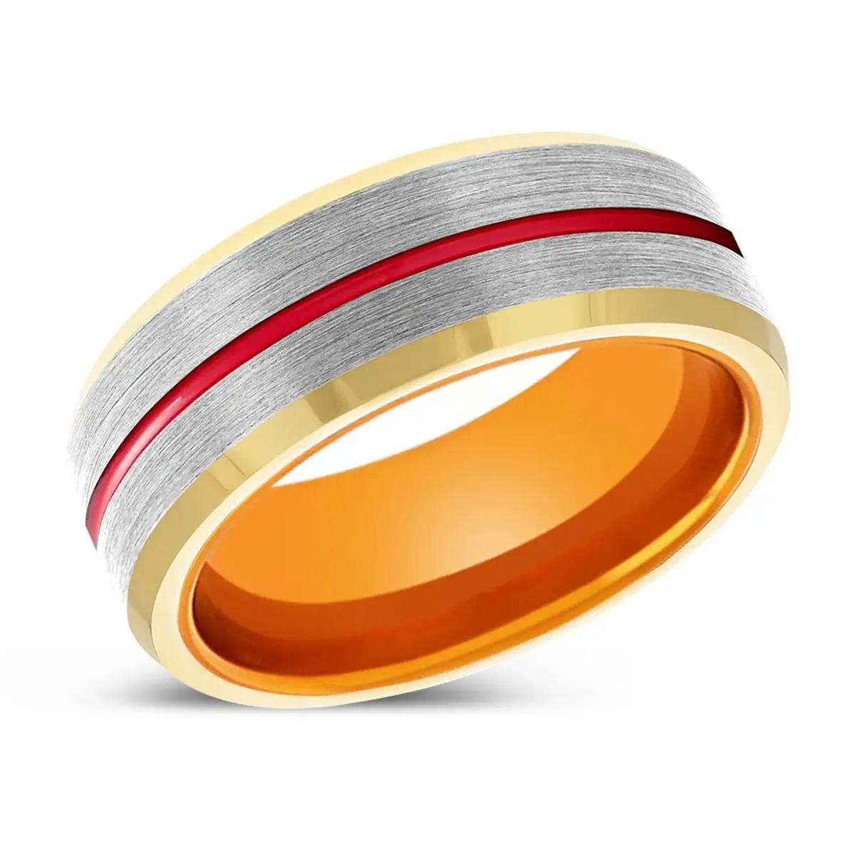 Tribal | Orange Ring, Silver Tungsten Ring, Red Groove, Gold Beveled Edge 2