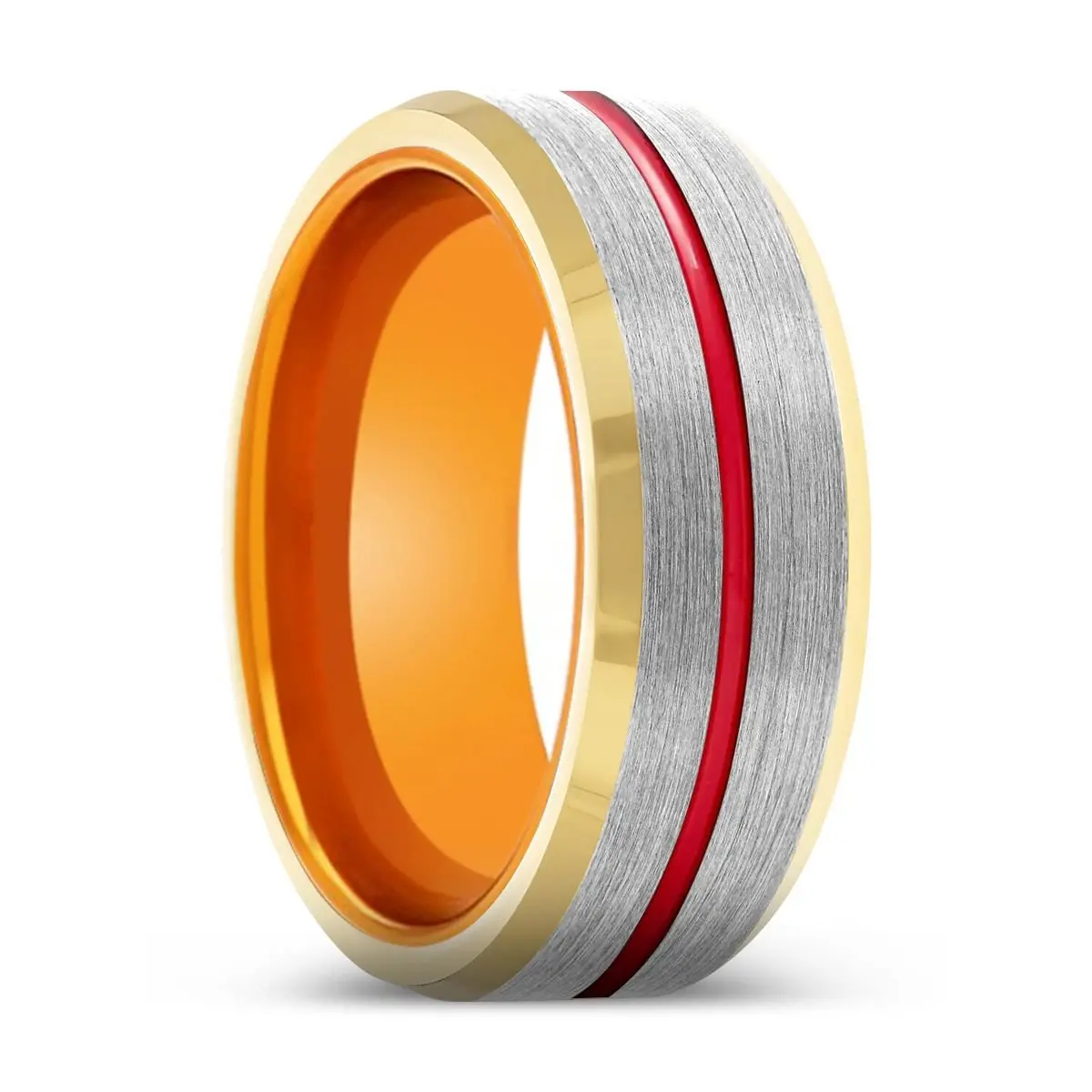 Tribal | Orange Ring, Silver Tungsten Ring, Red Groove, Gold Beveled Edge 1