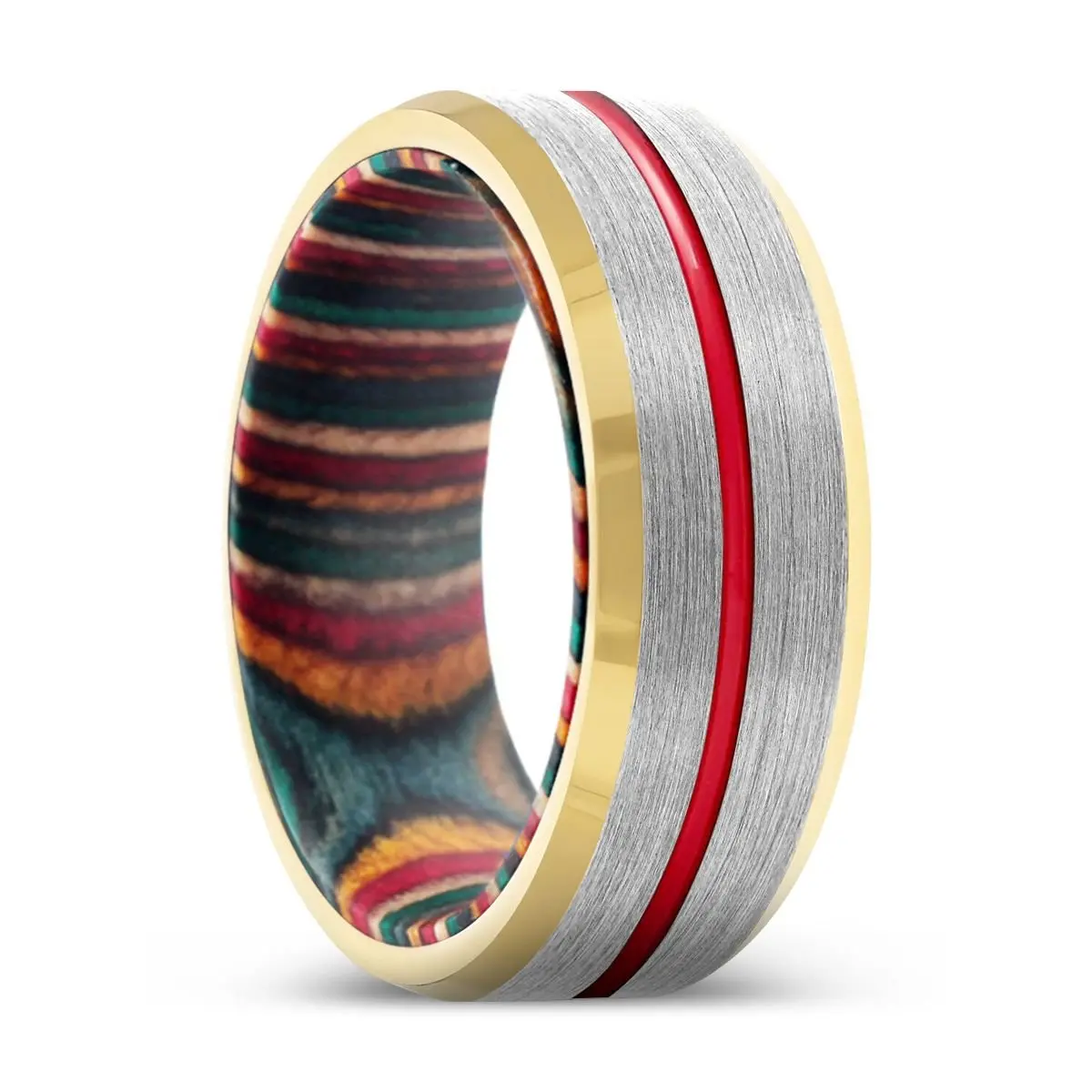 Tributary | Multi Color Wood, Silver Tungsten Ring, Red Groove, Gold Beveled Edge 1
