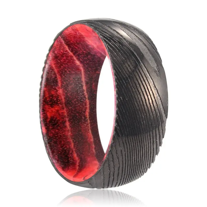 Trimax | Black & Red Wood, Gunmetal Damascus Steel Ring, Domed 1
