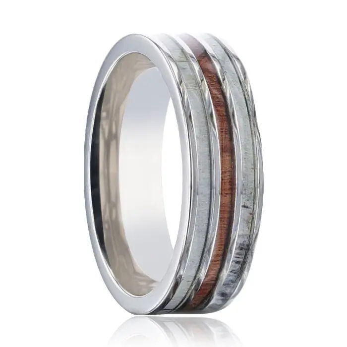 Tripoli | Silver Titanium Ring, Koa Wood, Deer Antler Inlay, Flat 1