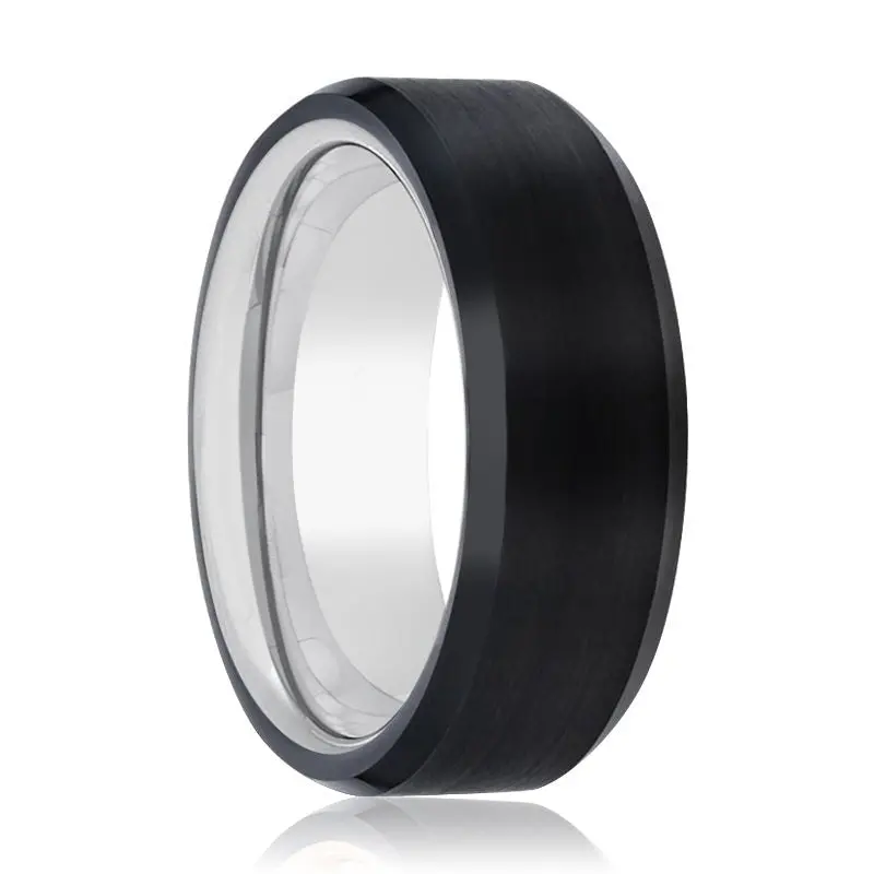 Tron | Silver Ring, Black Tungsten Ring, Brushed, Beveled 1