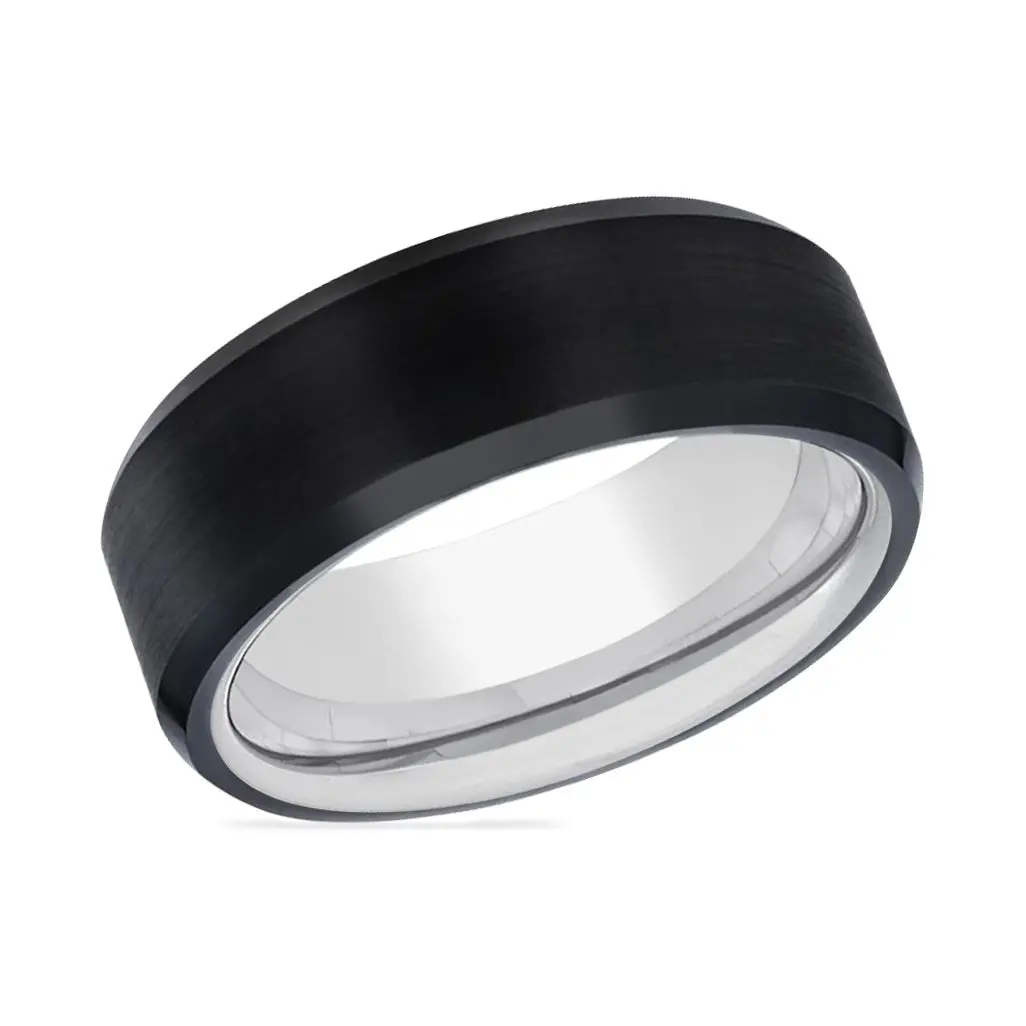 Tron | Silver Ring, Black Tungsten Ring, Brushed, Beveled 2