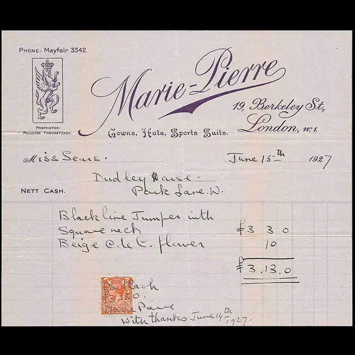 Marie-Pierre - Facture De La Maison De Couture De La Princesse Troubetzkoy, 19 Berkeley Street À Londres (1927) 1