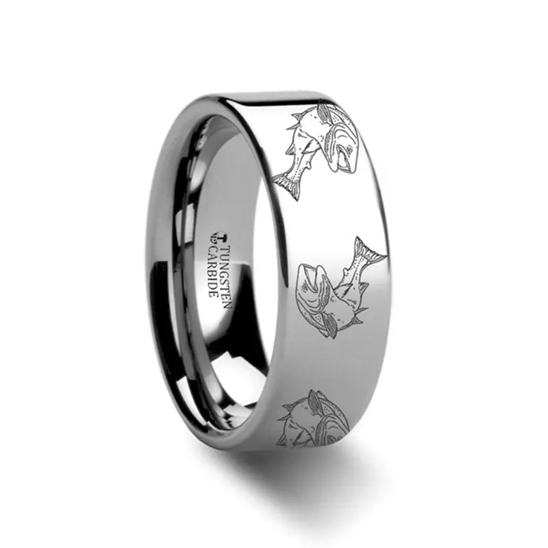 Trout Fish Sea Pattern Print Flat Tungsten Wedding Ring For Men And Women - 4Mm - 12Mm 1