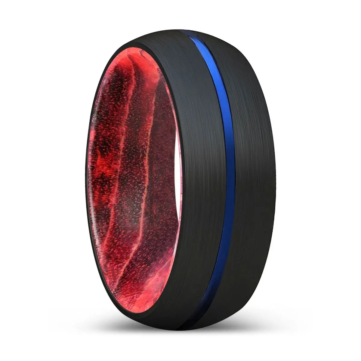Trystan | Black & Red Wood, Black Tungsten Ring, Blue Groove, Domed 1