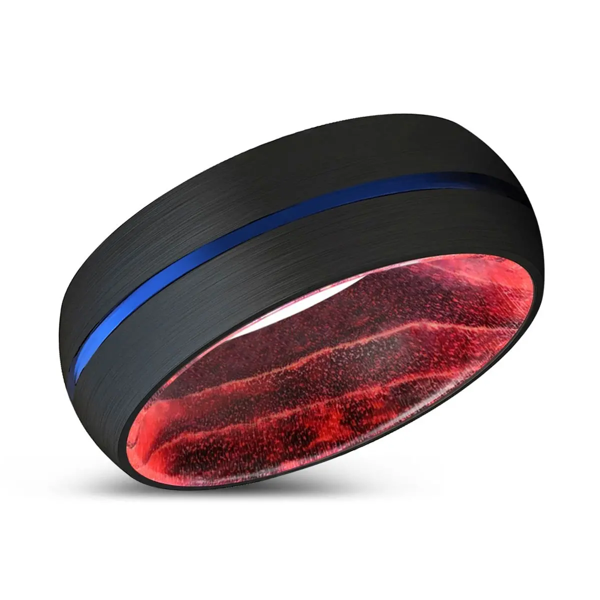 Trystan | Black & Red Wood, Black Tungsten Ring, Blue Groove, Domed 2