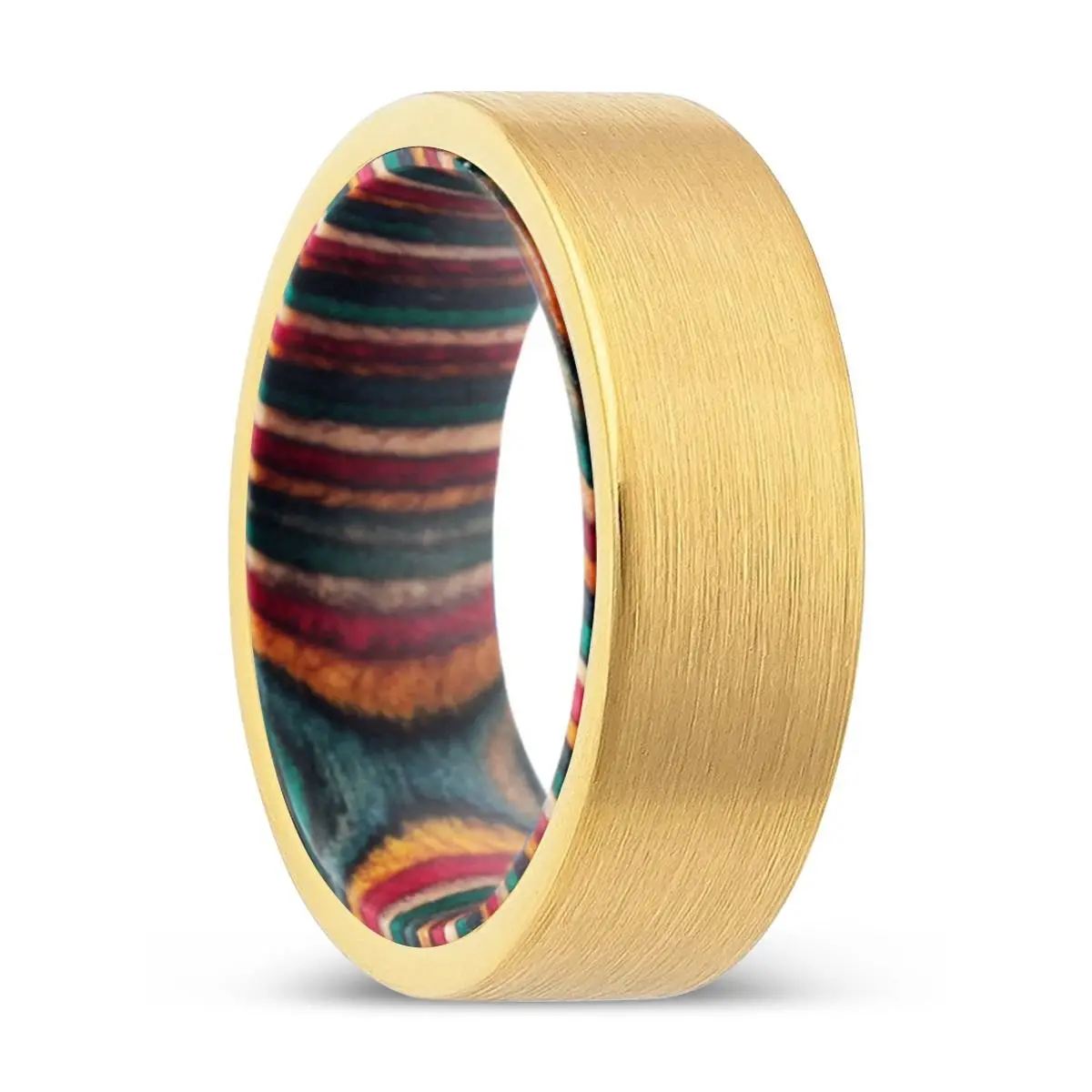 Tryxon | Multi Color Wood, Gold Tungsten Ring, Brushed, Flat 1