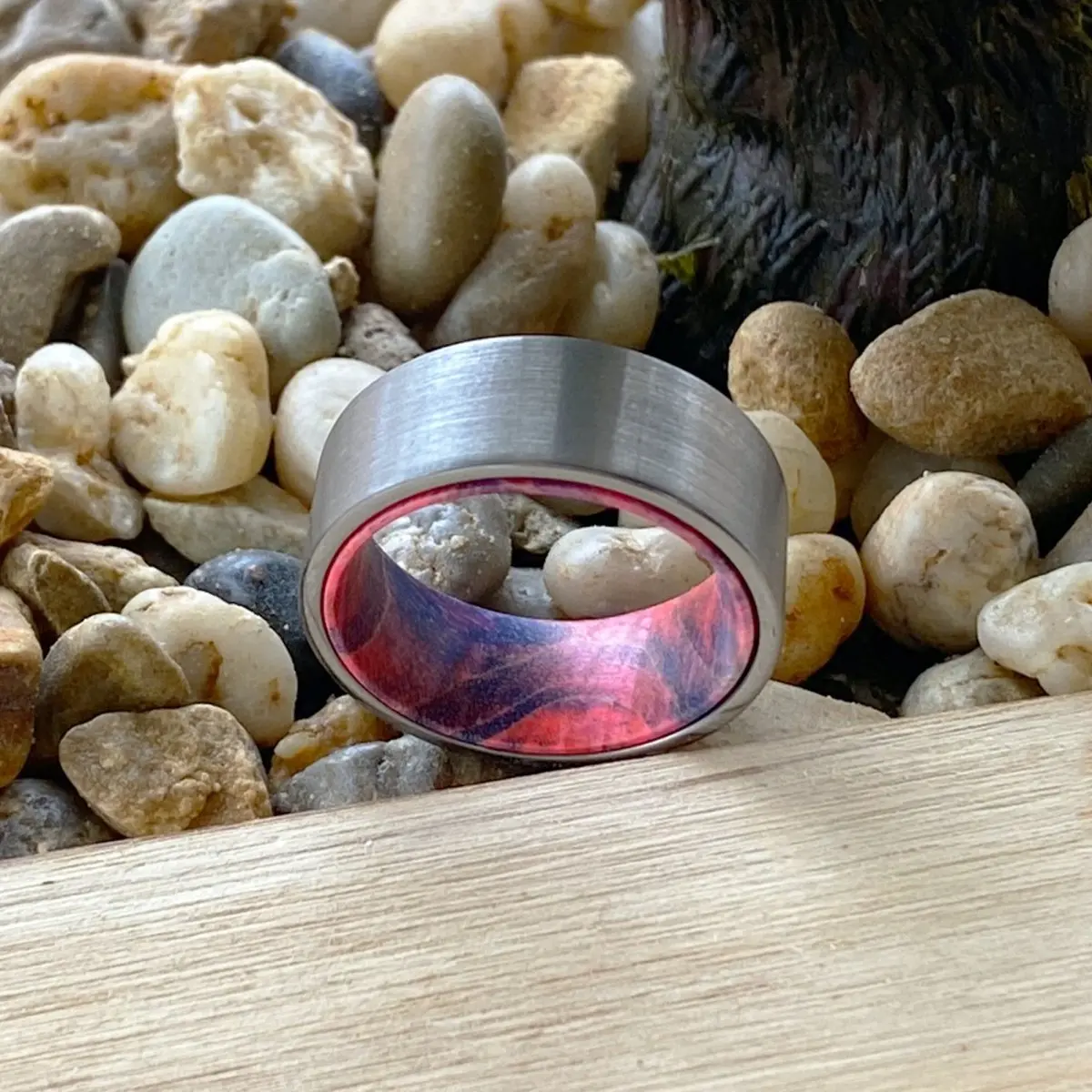Tsunami | Blue And Red Wood, Silver Tungsten Ring, Brushed, Flat 6