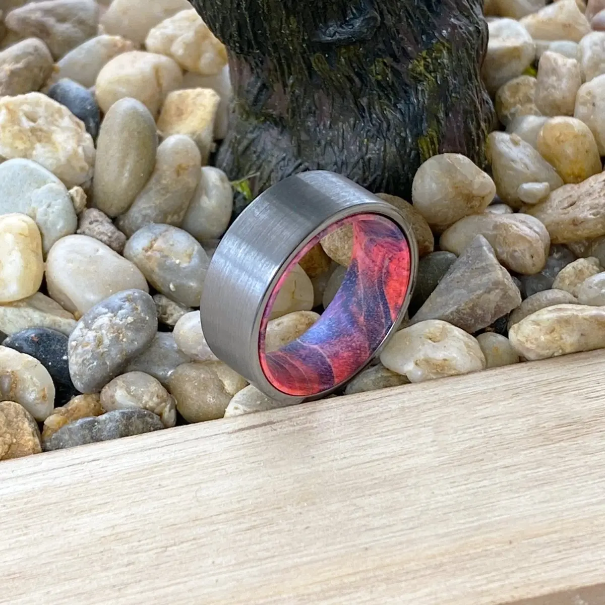 Tsunami | Blue And Red Wood, Silver Tungsten Ring, Brushed, Flat 5