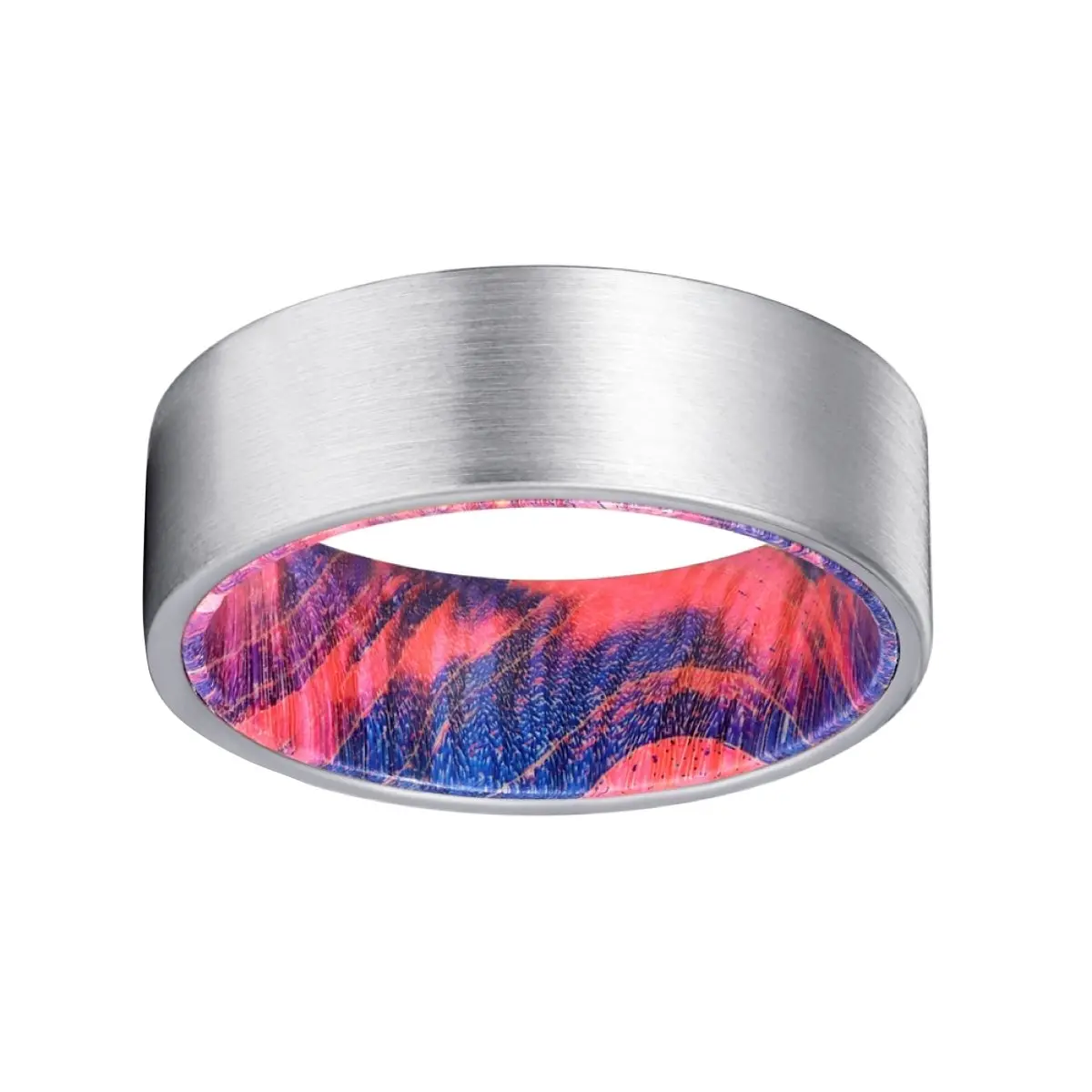 Tsunami | Blue And Red Wood, Silver Tungsten Ring, Brushed, Flat 2