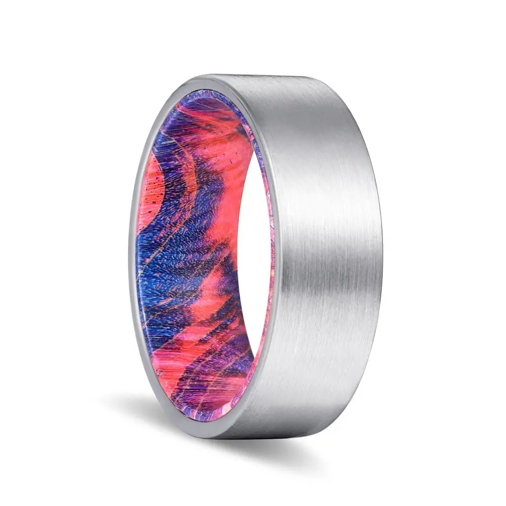 Tsunami | Blue And Red Wood, Silver Tungsten Ring, Brushed, Flat 1