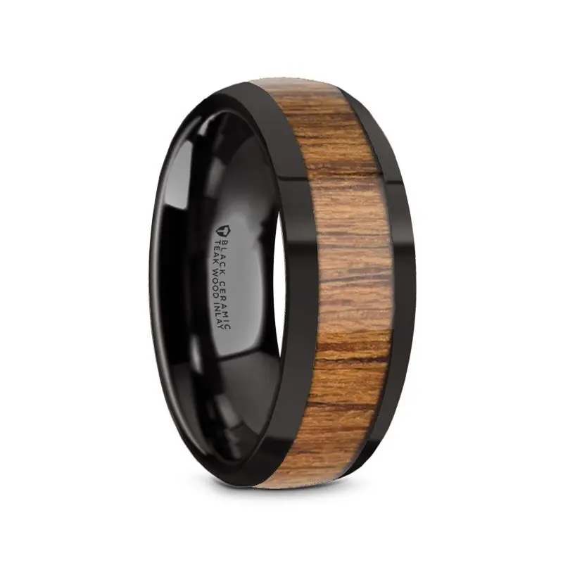 Tulian | Black Ceramic Ring, Teak Wood Inlay, Domed 1