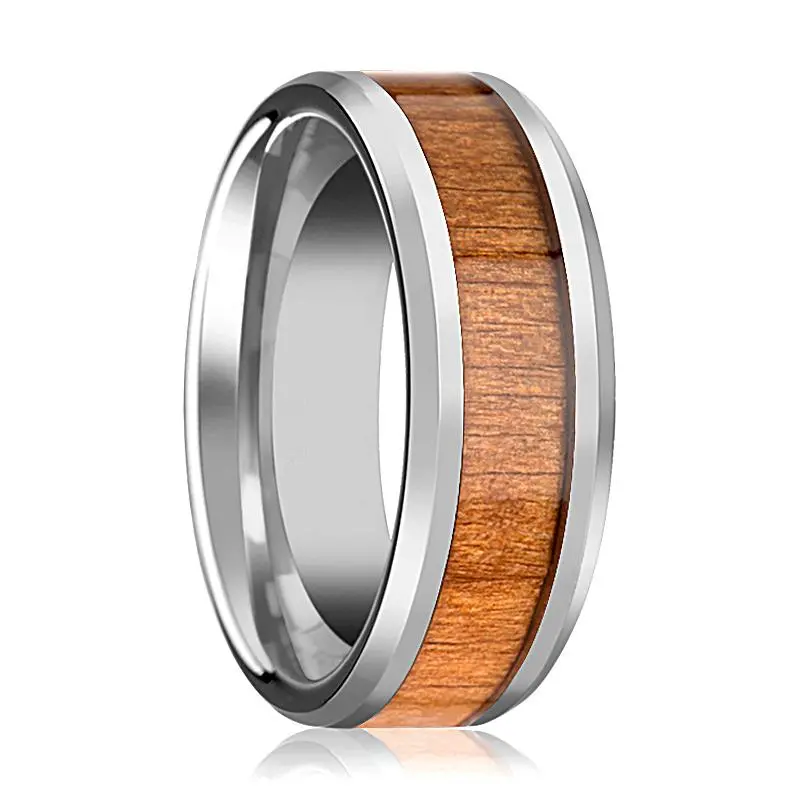 Brunswick | Silver Tungsten Ring, American Cherry Wood Inlay, Beveled 1
