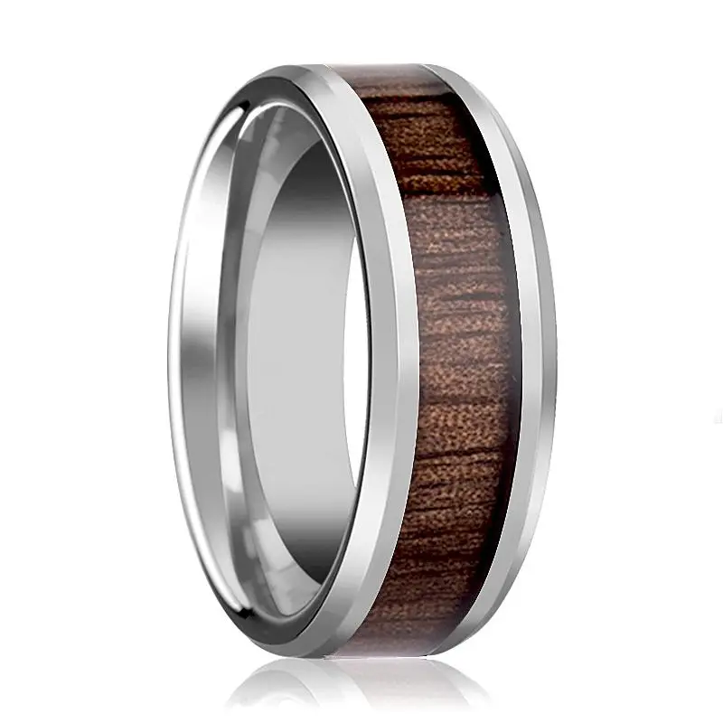 Halifax | Silver Tungsten Ring, Red Wood Inlay, Beveled 1