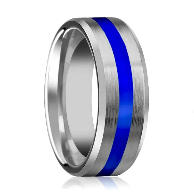 Tungsten Wedding Band For Men With Blue Stripe Inlay & Beveled Edges Polished Finish - 8Mm 1