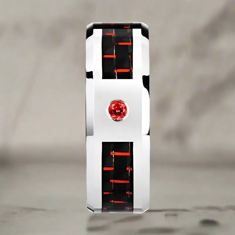 Adrian | Silver Tungsten Ring, Red Ruby Stone, Red & Black Carbon Fiber Inlay, Beveled 2