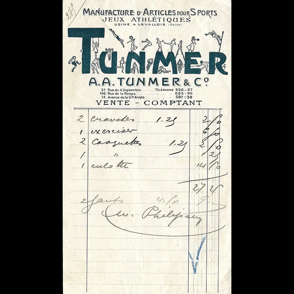 Tunmer - Facture De La Manufacture D'articles Pour Sport (1910S) 1