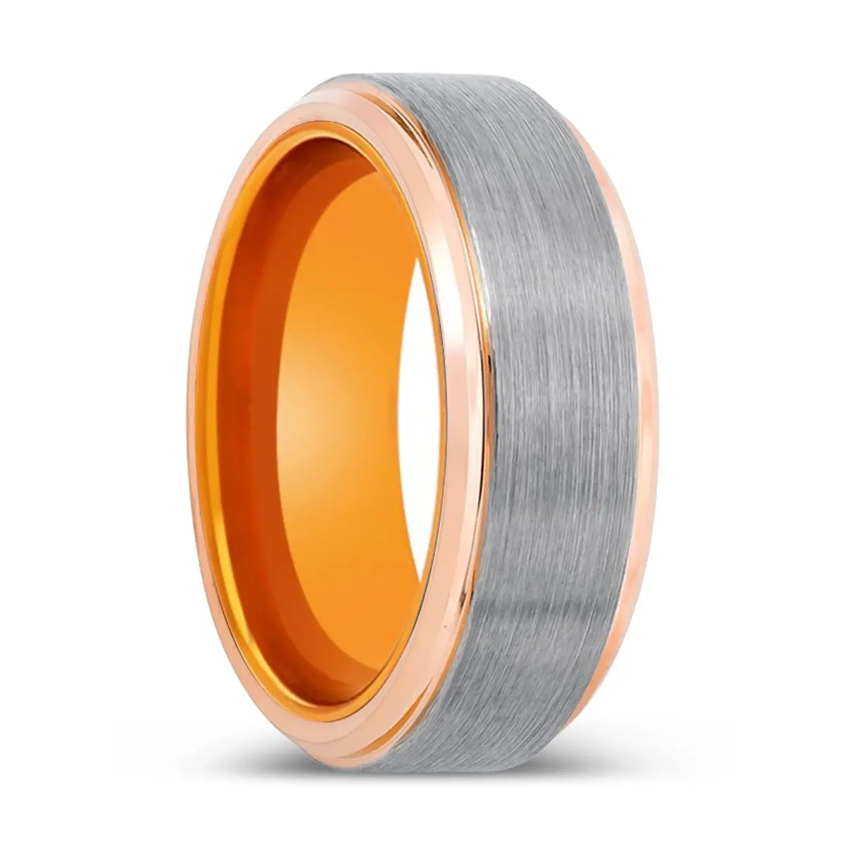 Turk | Orange Ring, Silver Tungsten Ring, Brushed, Rose Gold Stepped Edge 1