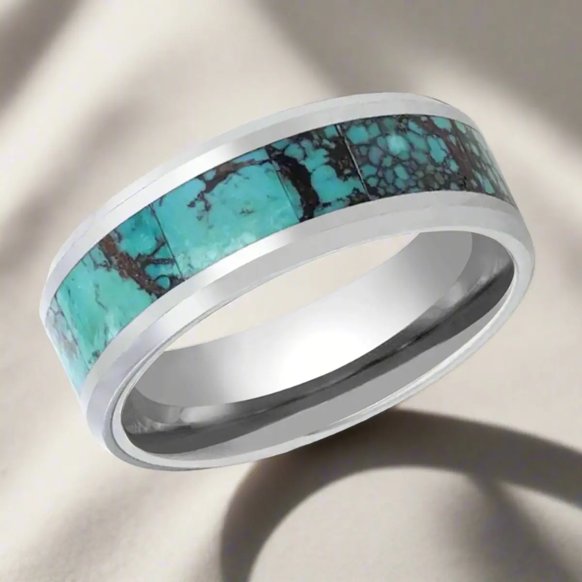Turkis | Tungsten Ring, Turquoise Spider, Beveled Polished Edges 5