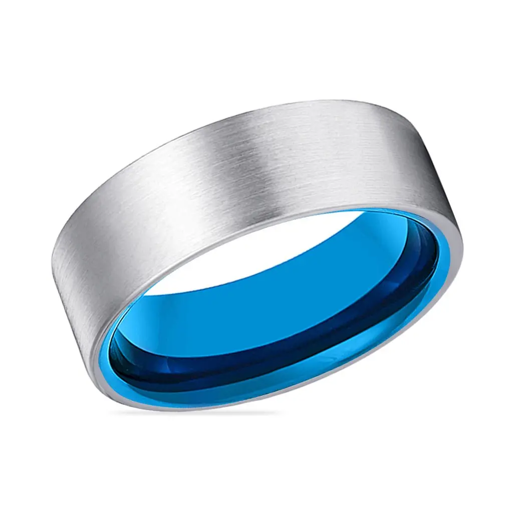 Turks | Blue Ring, Silver Tungsten Ring, Brushed, Flat 2