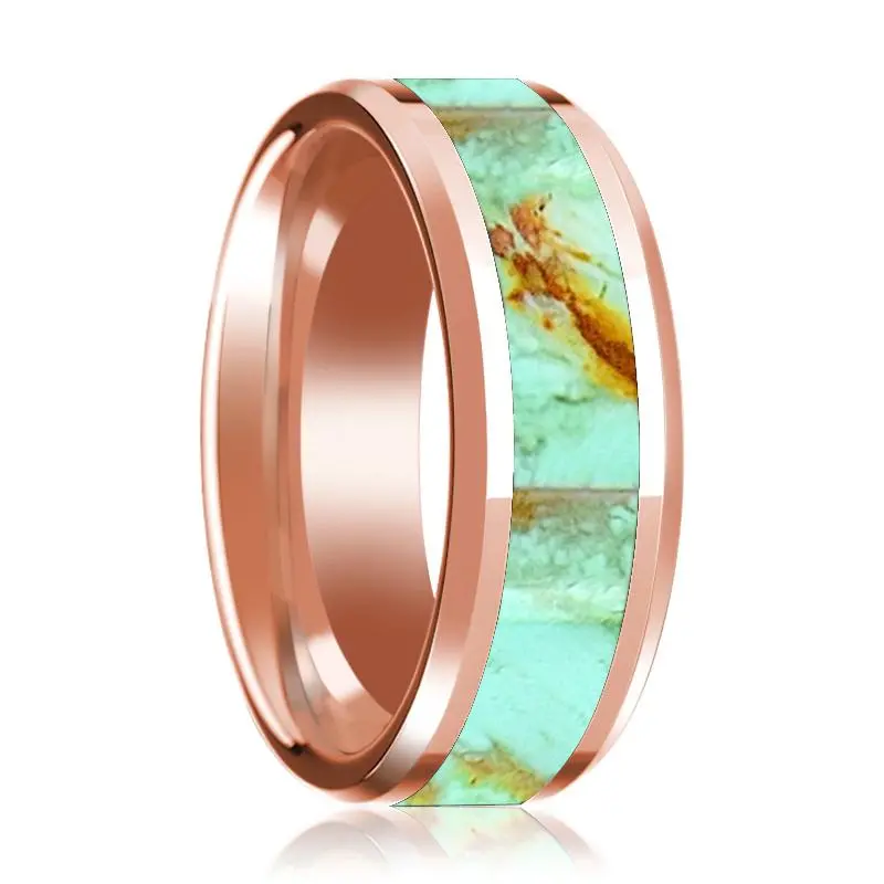 Turquoise Stone Inlaid 14K Rose Gold Polished Wedding Band For Men With Beveled Edges - 8Mm 1