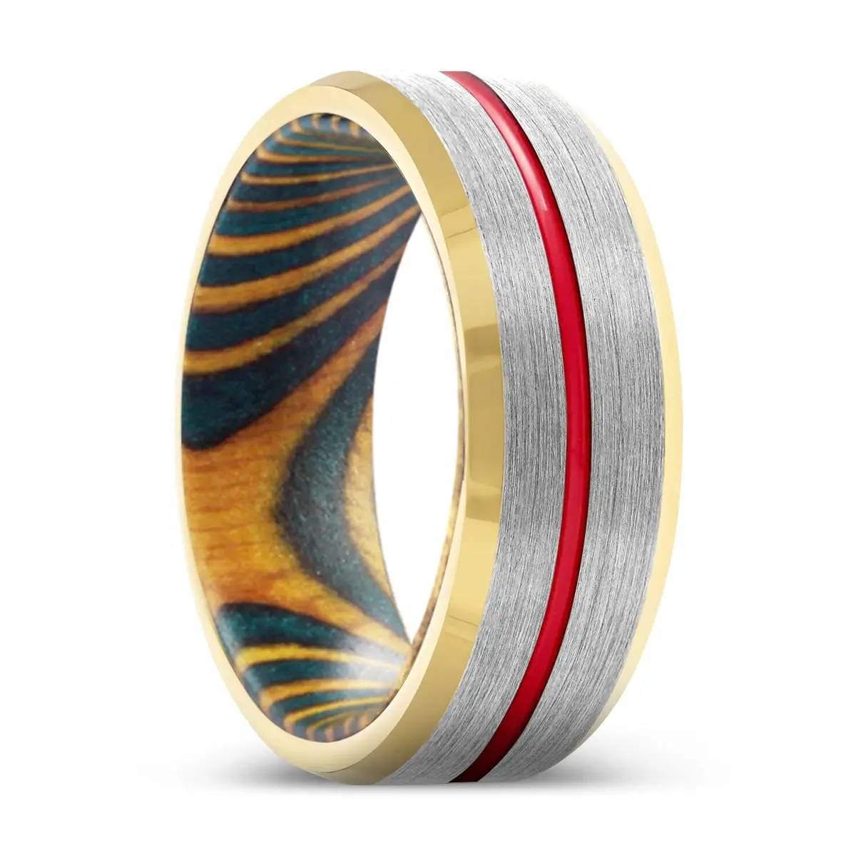 Twister | Green And Yellow Wood, Silver Tungsten Ring, Red Groove, Gold Beveled Edge 1