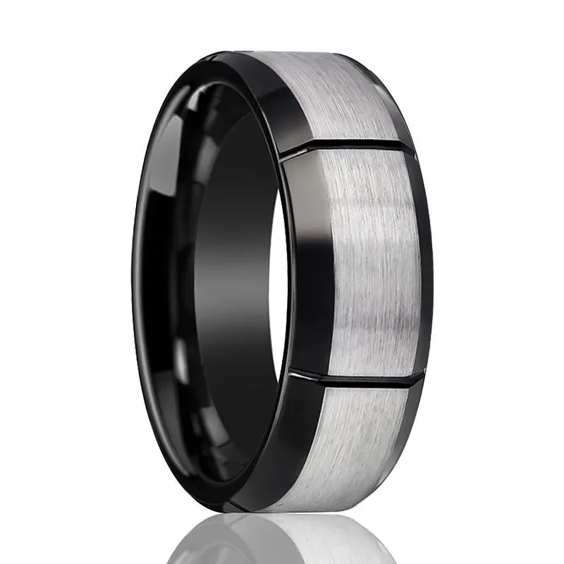 Two Tone Tungsten Men's Pinky Ring With Multiple Brushed Vertical Grooves Beveled Edges - 8Mm 1