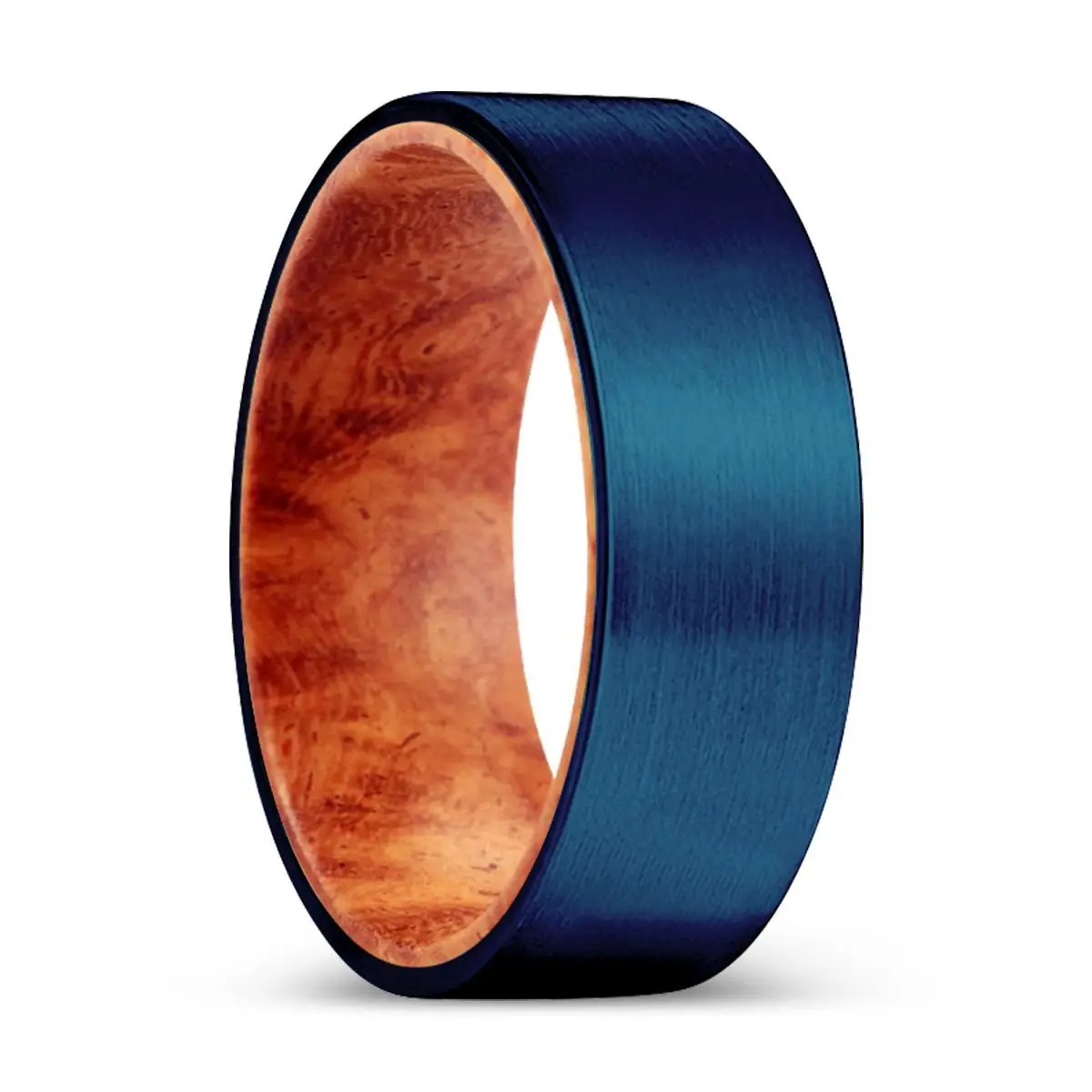 Typhoon | Red Burl Wood, Blue Tungsten Ring, Brushed, Flat 1