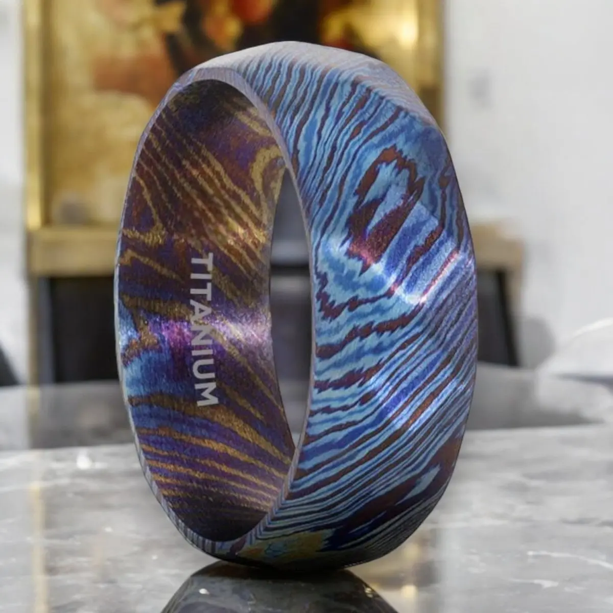 Tyrian | Titanium Ring, Blue & Purple Wavy Design 1