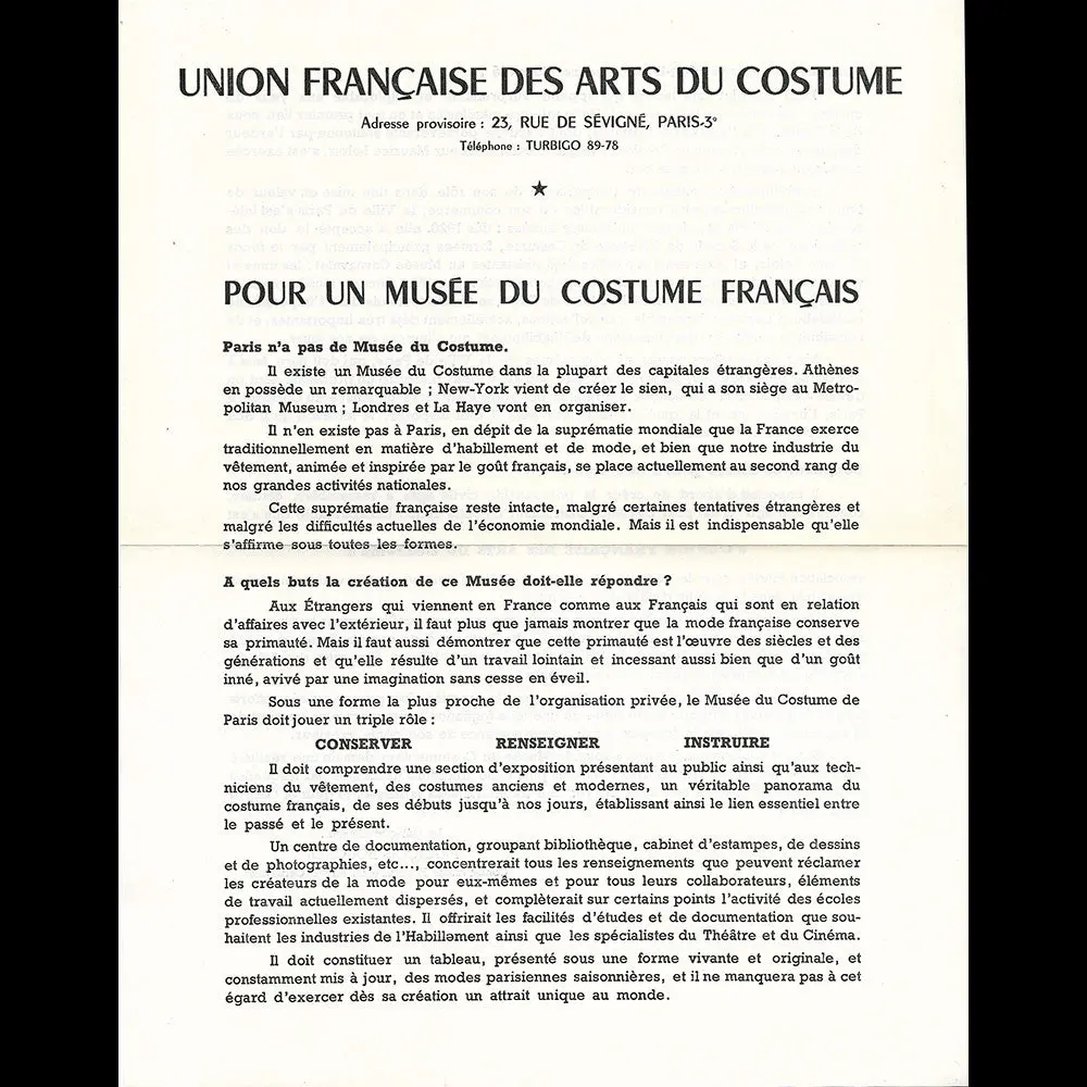 Ufac - Pour Un Musée Du Costume Français, Document De L'union Française Des Arts Du Costume (1951) 1