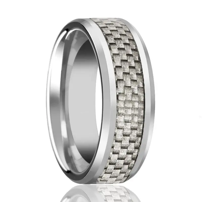 Ultimus | Silver Tungsten Ring, White Carbon Fiber Inlay, Beveled 1