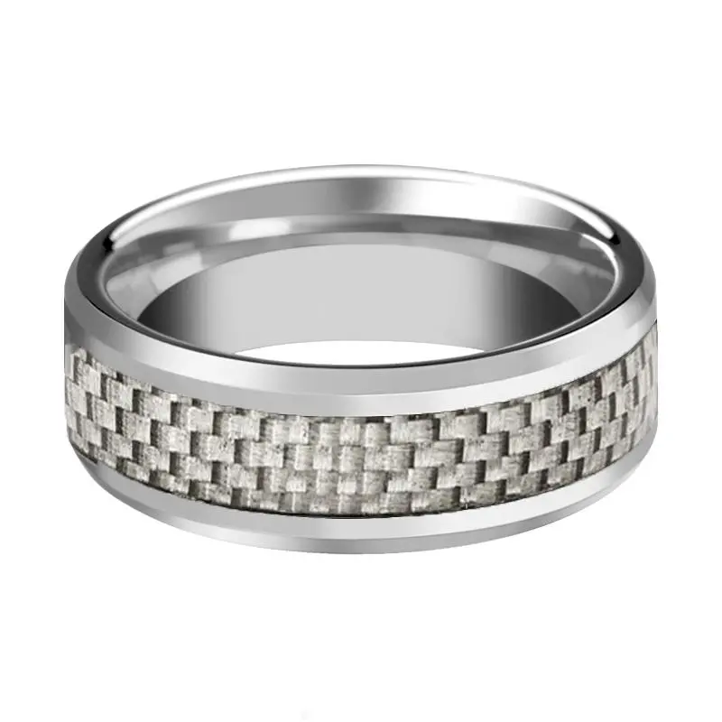 Ultimus | Silver Tungsten Ring, White Carbon Fiber Inlay, Beveled 2