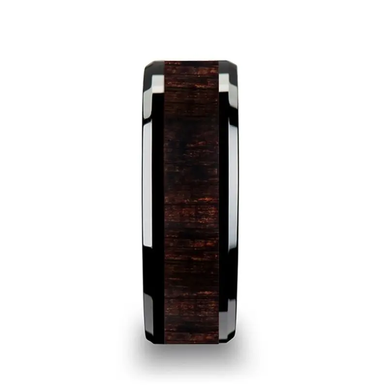 Umbra | Black Ceramic Ring, Ebony Wood Inlay, Beveled 2