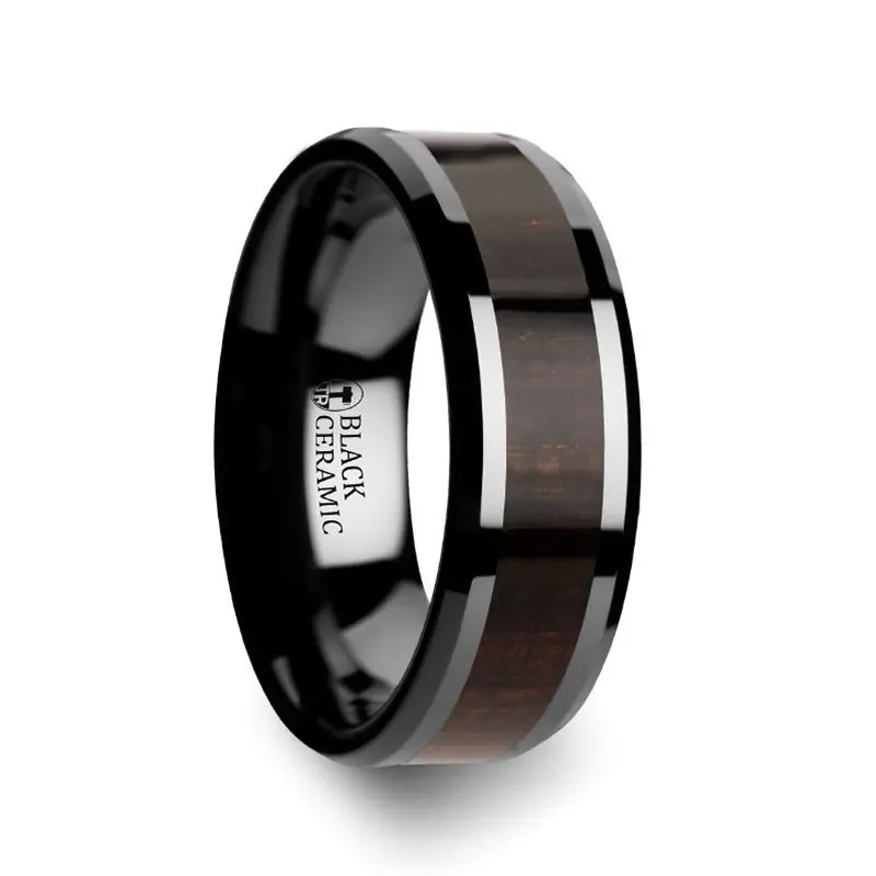 Umbra | Black Ceramic Ring, Ebony Wood Inlay, Beveled 1
