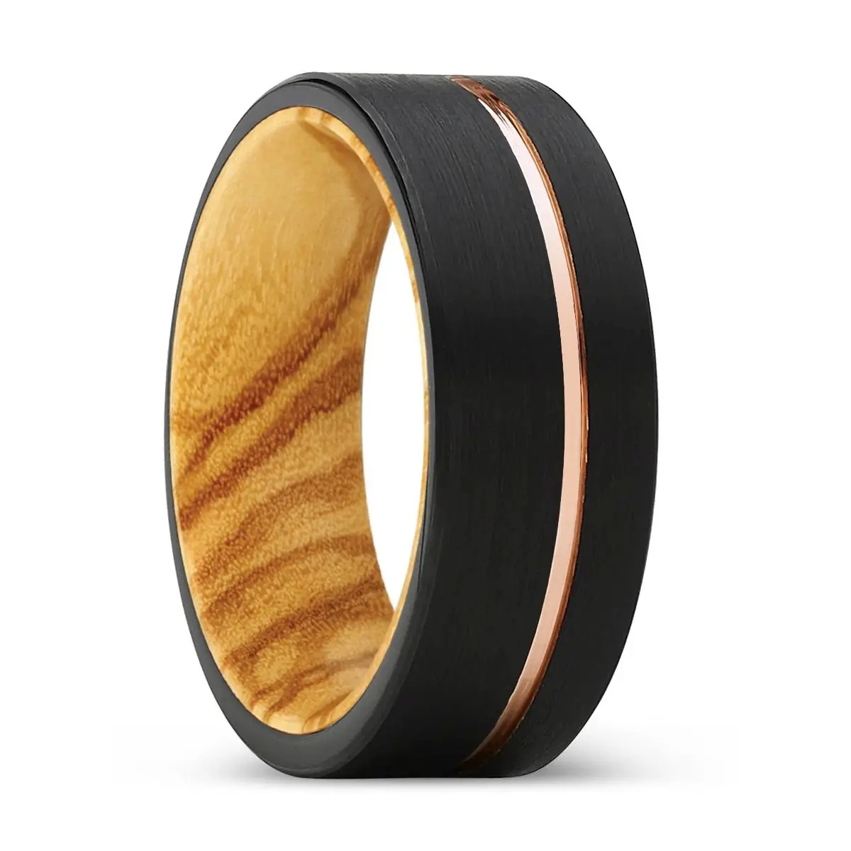 Utopia | Olive Wood, Black Tungsten Ring, Rose Gold Offset Groove, Brushed, Flat 1