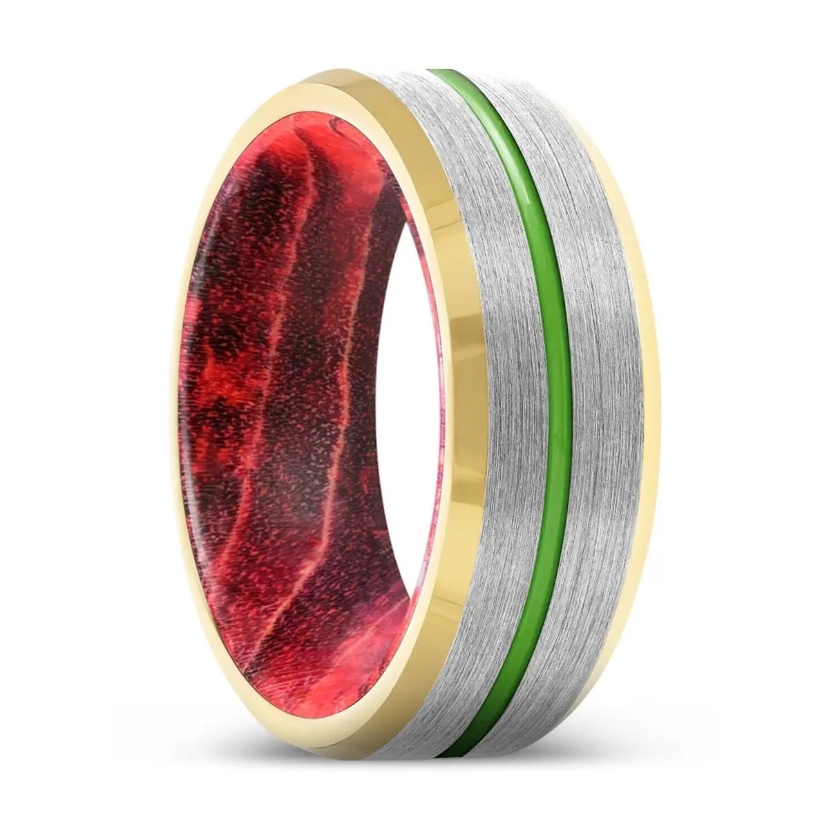 Valente | Black & Red Wood, Silver Tungsten Ring, Green Groove, Gold Beveled Edge 1
